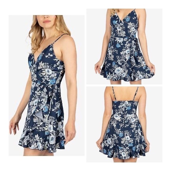 Speechless Juniors Navy/Royal Floral Faux Wrap Dress - Picture 1 of 16